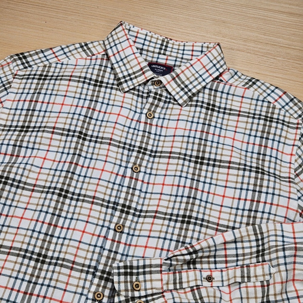 UNTUCKit Flannel Button Down Shirt Mens XL White Plaid Slim Fit Long Sleeve